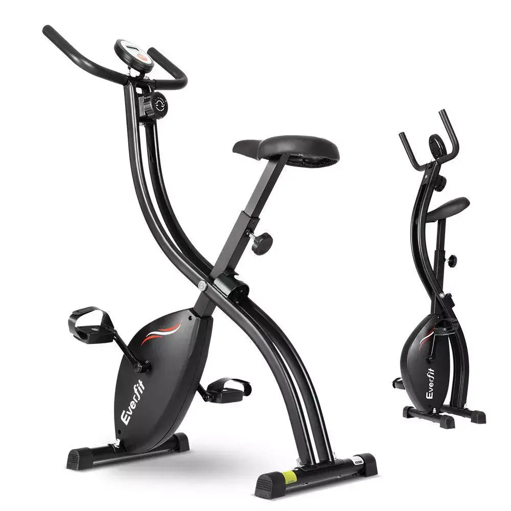 Black foldable exercise bike in both open and folded positions, featuring a compact design for easy storage and home cardio workouts