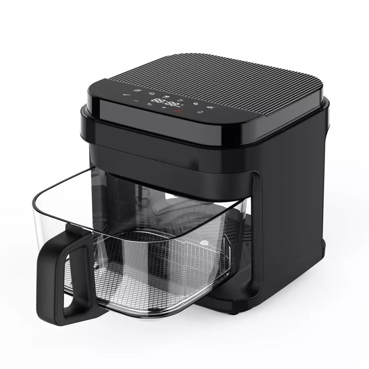 Compact glass air fryer with a stainless steel mixing bowl, designed for healthier cooking with reduced oil usage and even heat distribution.