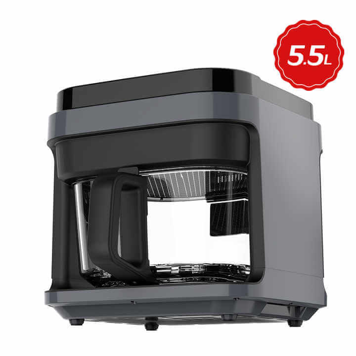 Black glass air fryer with an 8.5L capacity, featuring a transparent cooking window and spacious interior for healthier, oil-free meal preparation.