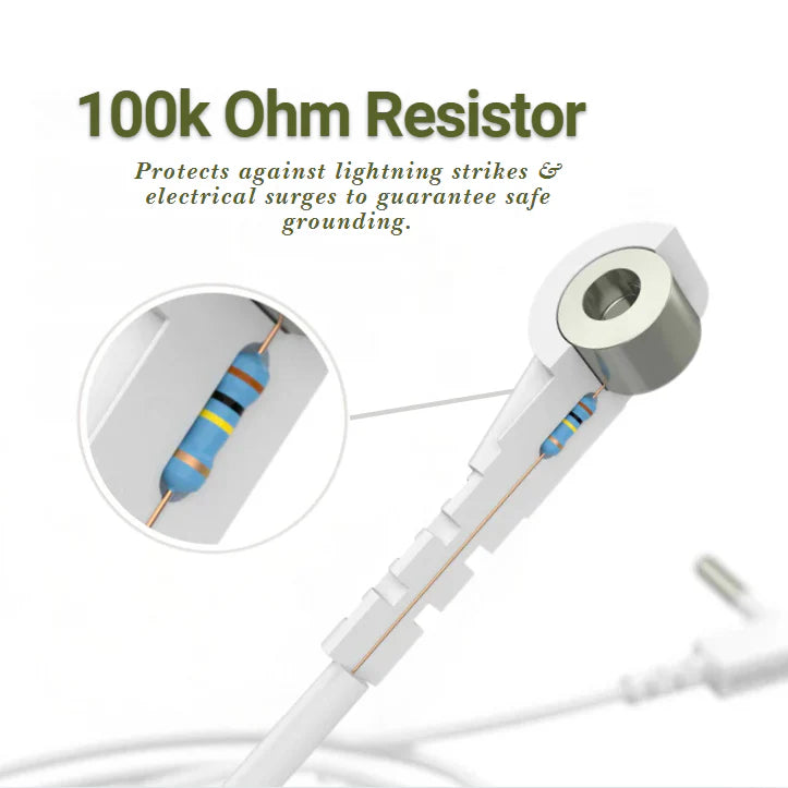 Close-up of a grounding sheet connection cable with a 100K ohm resistor, designed to safely connect to an earth source for improved well-being.