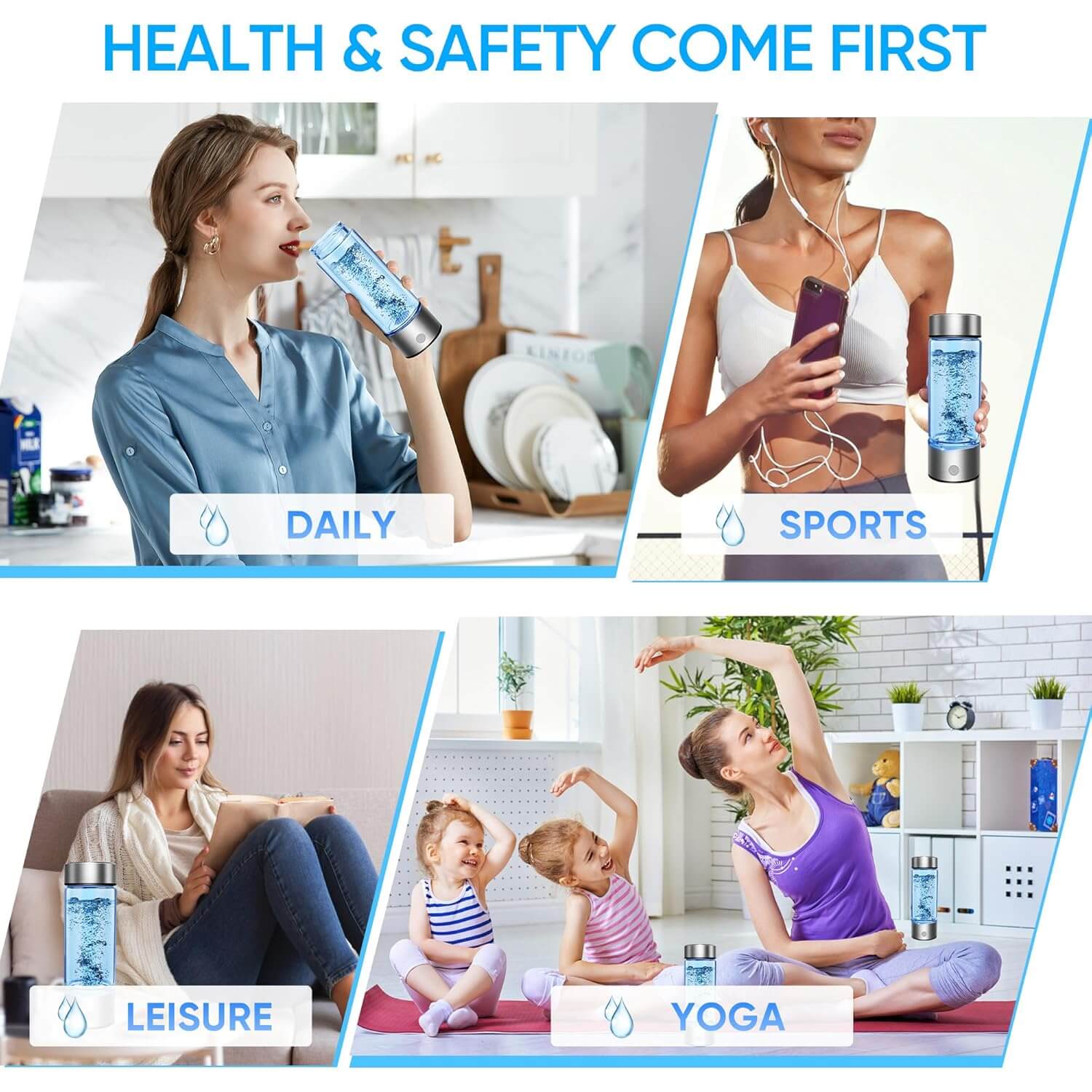 Hydrogen water bottle promoting health and safety, highlighting benefits for immune support, enhanced hydration, and suitability for all age groups, including families and children.
