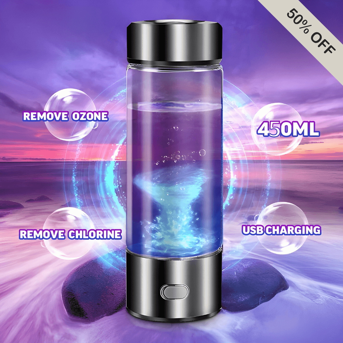 Hydrogen water bottle with futuristic design and LED illumination, showcasing advanced electrolysis technology for generating hydrogen-rich water for enhanced hydration.