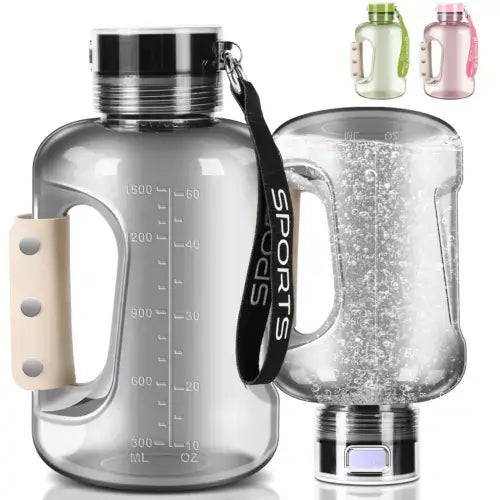 Hydrogen water bottle set with ergonomic handles and transparent design, available in multiple colors, designed for convenient hydration and antioxidant benefits on the go.