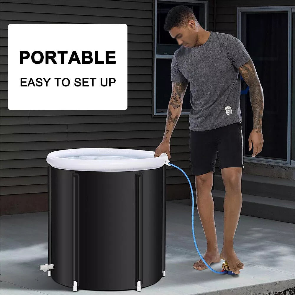 Man setting up a portable ice bath tub outdoors, showcasing lightweight design and easy assembly for recovery on the go