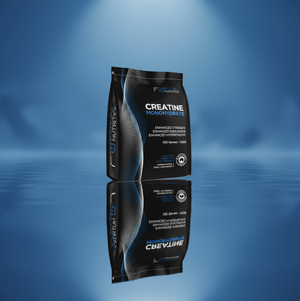 Creatine supplement bottle on a blue background showcasing premium micronised creatine for strength and muscle performance.