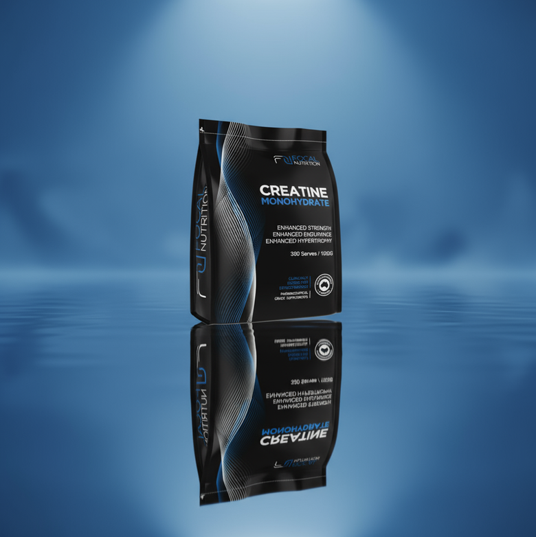 Creatine supplement bottle on a blue background showcasing premium micronised creatine for strength and muscle performance.