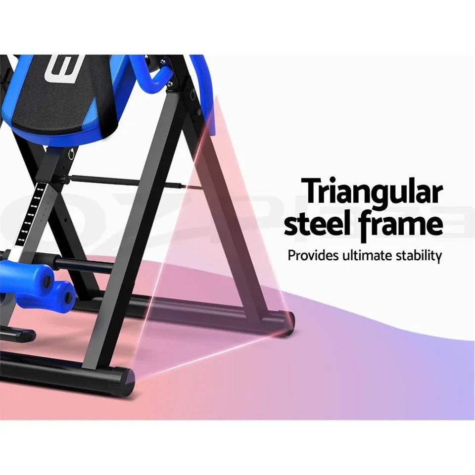 Side view of inversion table showing adjustable height, padded backrest, and secure ankle locking system.