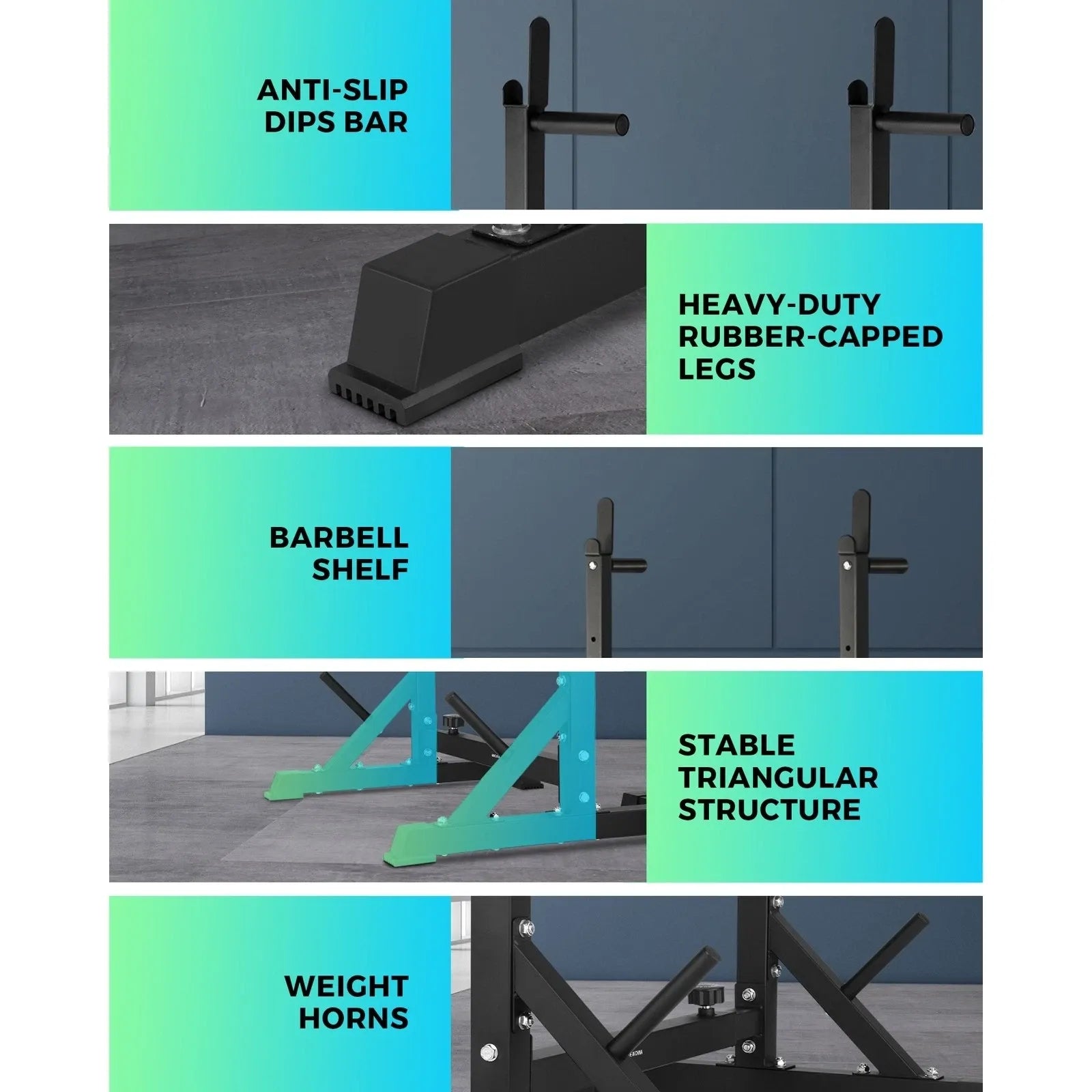 Multi-angle squat rack setup guide showing adjustment options for fitness training