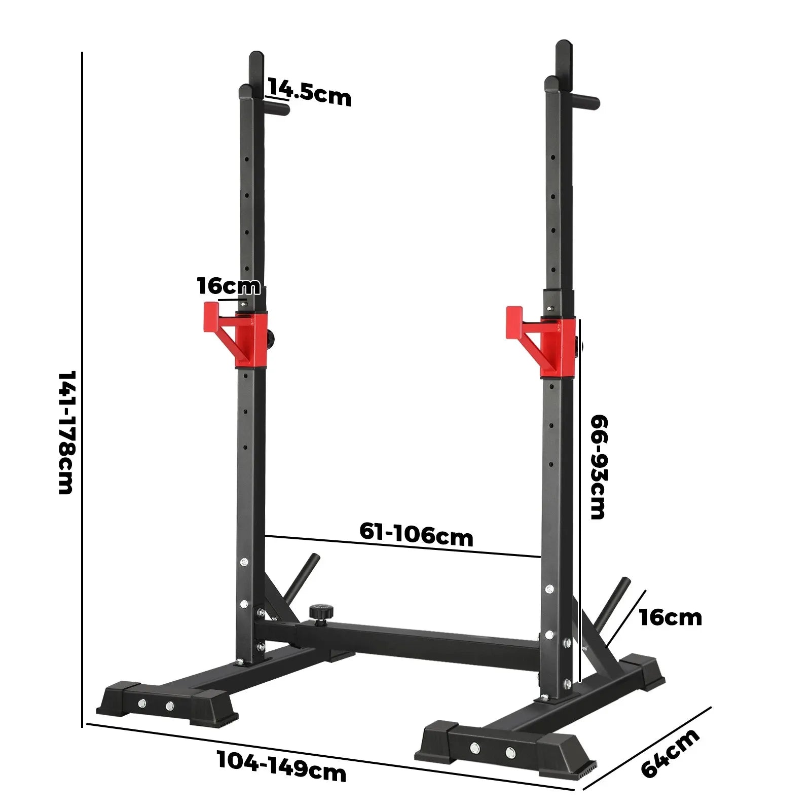 Compact squat rack frame with adjustable height for squats and bench press