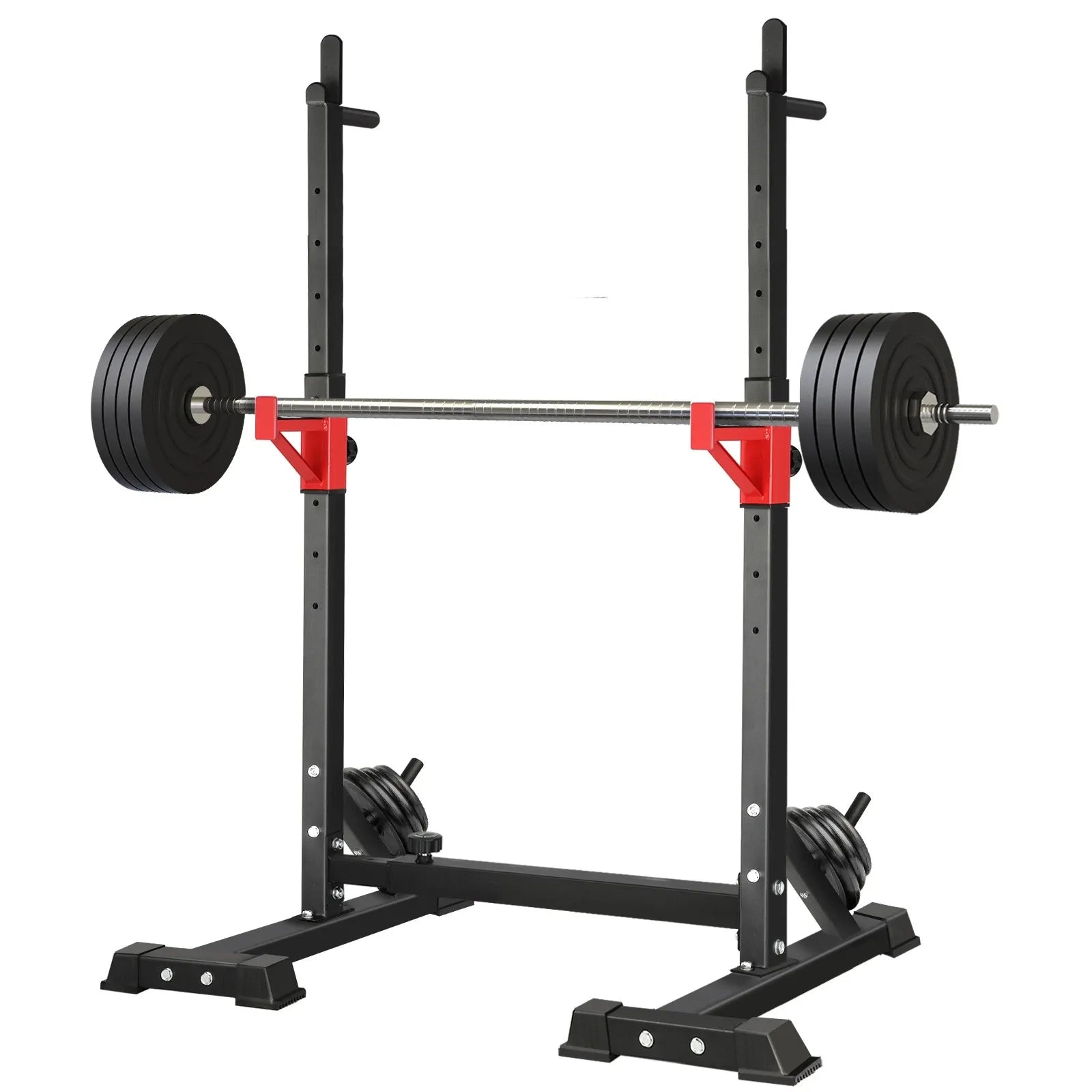 Adjustable squat rack with barbell support for home or commercial gym workouts