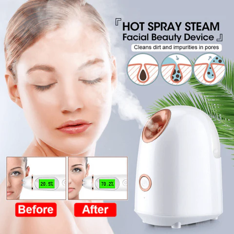 Facial steamer before-and-after results with model showing improved glow, hydration, and pore-refining benefits.