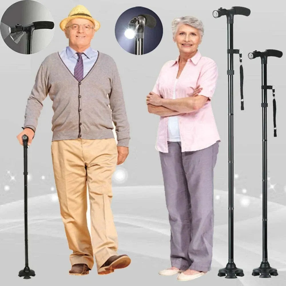 Elderly man using adjustable walking stick with height extension for support