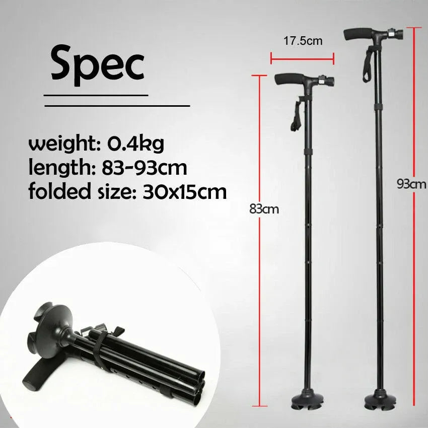 Adjustable aluminum walking stick with specifications for height and weight capacity