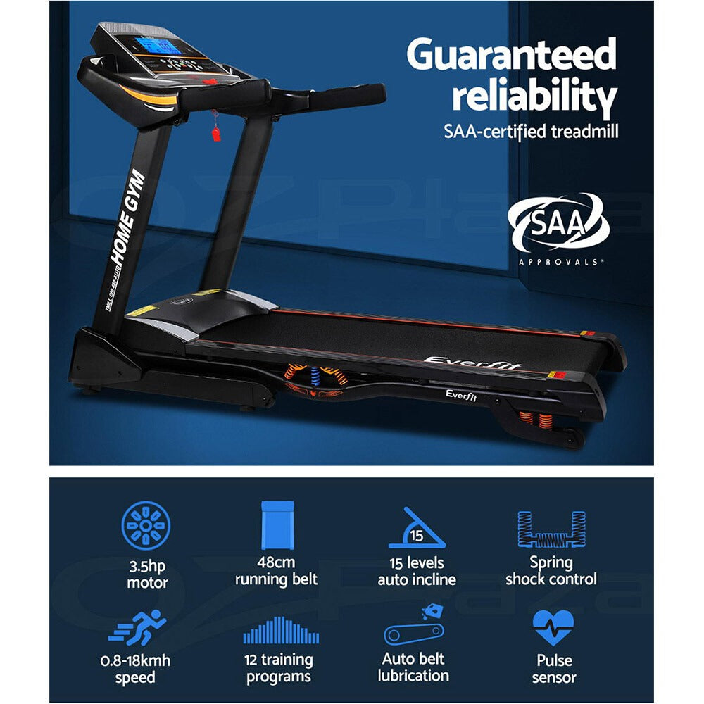 Incline treadmill specifications infographic listing horsepower, incline range, belt width, and speed options.