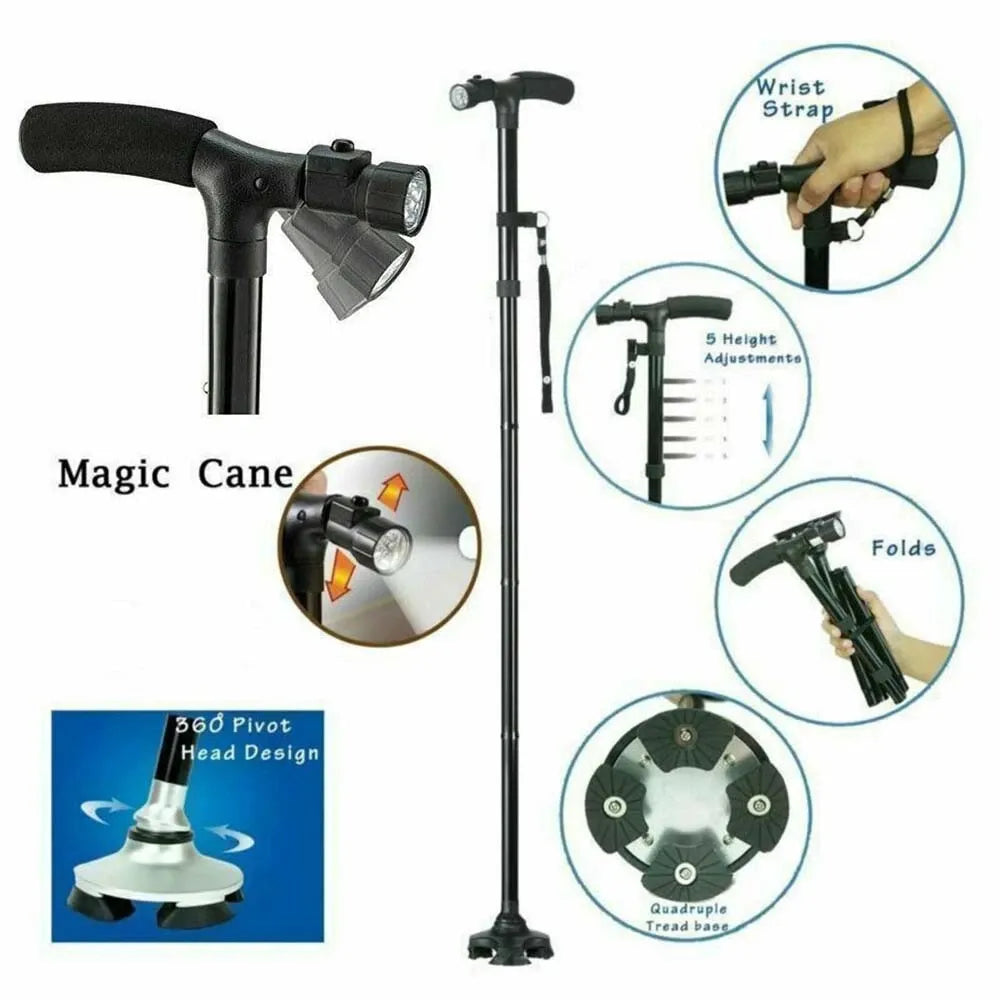 Multi-function walking stick with LED flashlight, alarm, and stability features