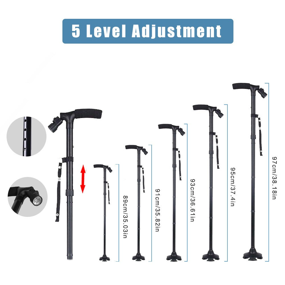 Set of adjustable walking sticks displayed with different height options