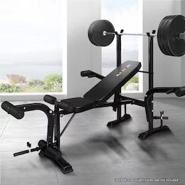 Weight bench with leg developer and barbell support for chest and leg exercises