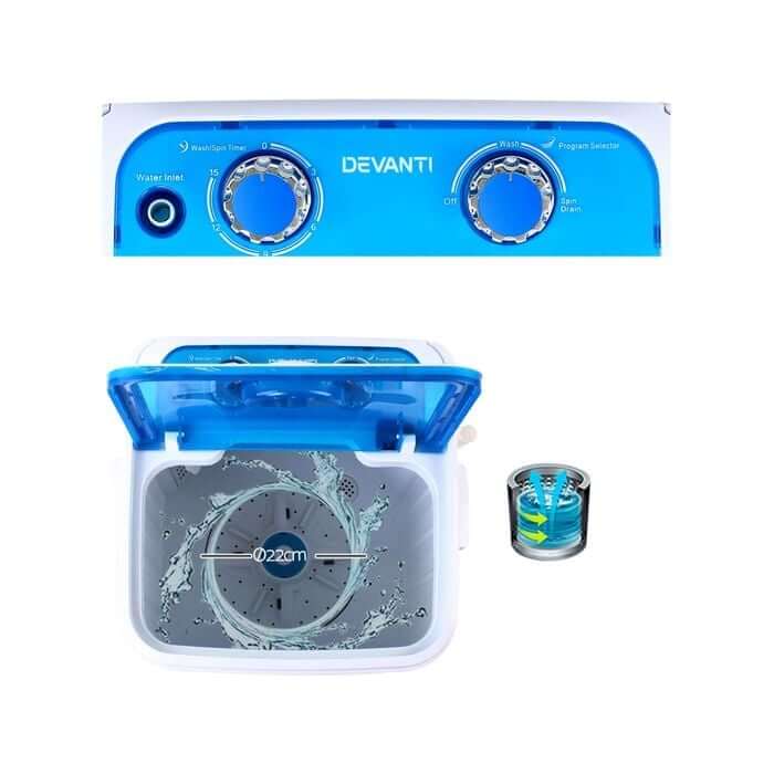 Top view of portable washing machine with dual blue control knobs and clear wash drum