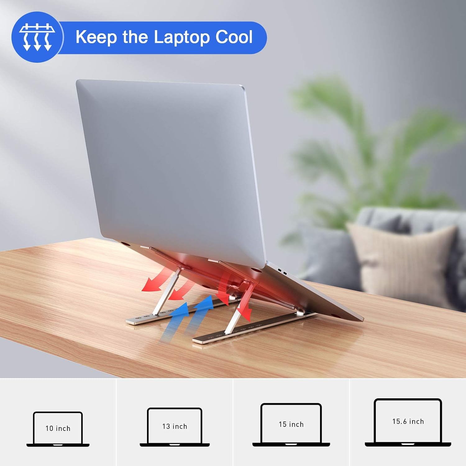 Close-up of a laptop placed on an adjustable laptop stand on a wooden desk. The stand is set to a tilted angle for better viewing, with four height options shown below for customizable ergonomics.
