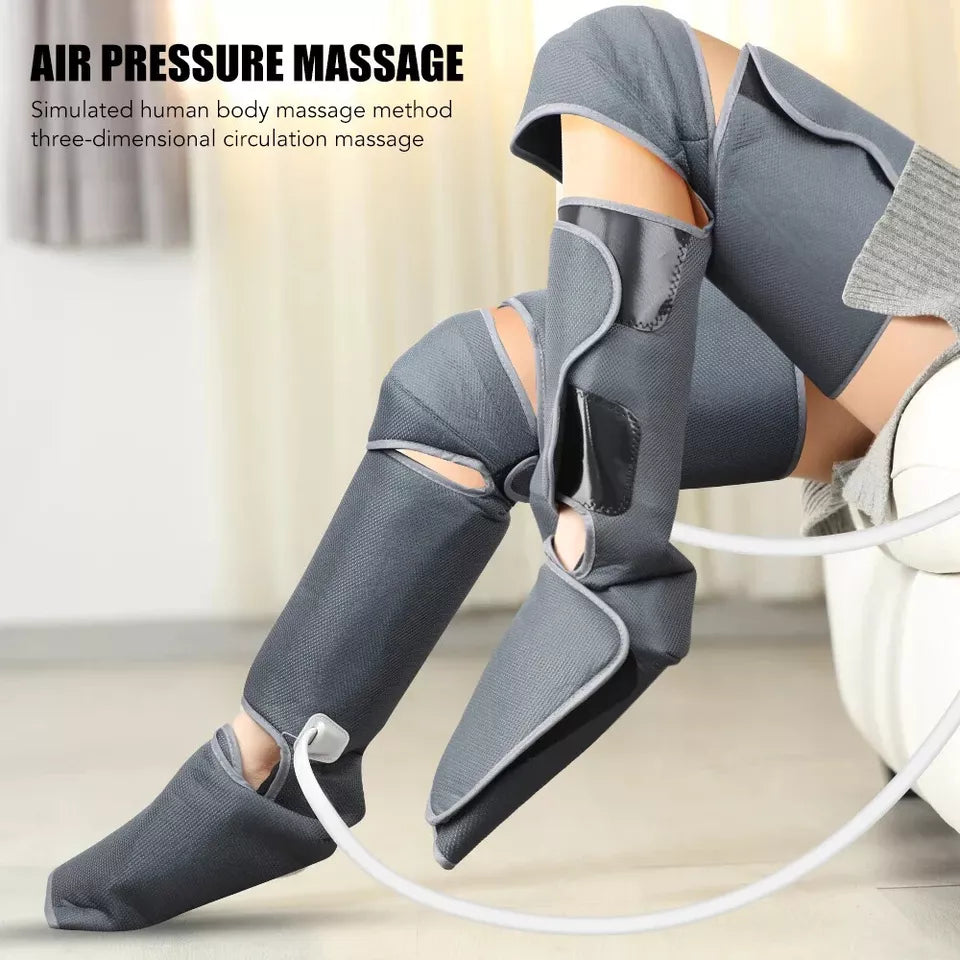 Person relaxing in a chair while using a full-leg massage machine with air compression wraps covering the feet, calves, and thighs. Text highlights 'Air Compression Massage' for pain relief and relaxation.
