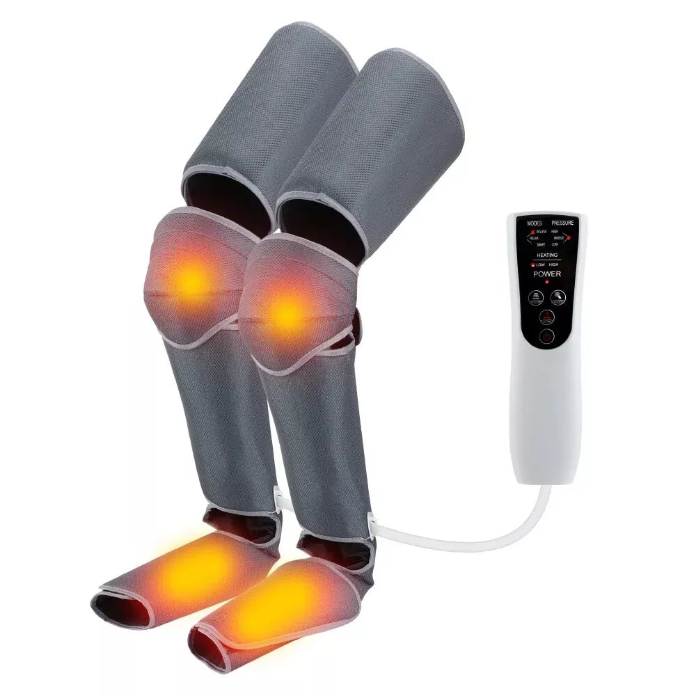Leg massage machine with heated compression wraps covering feet, calves, and knees. Glowing orange zones highlight the heat function, and a wired remote control is shown beside the device for adjustable settings