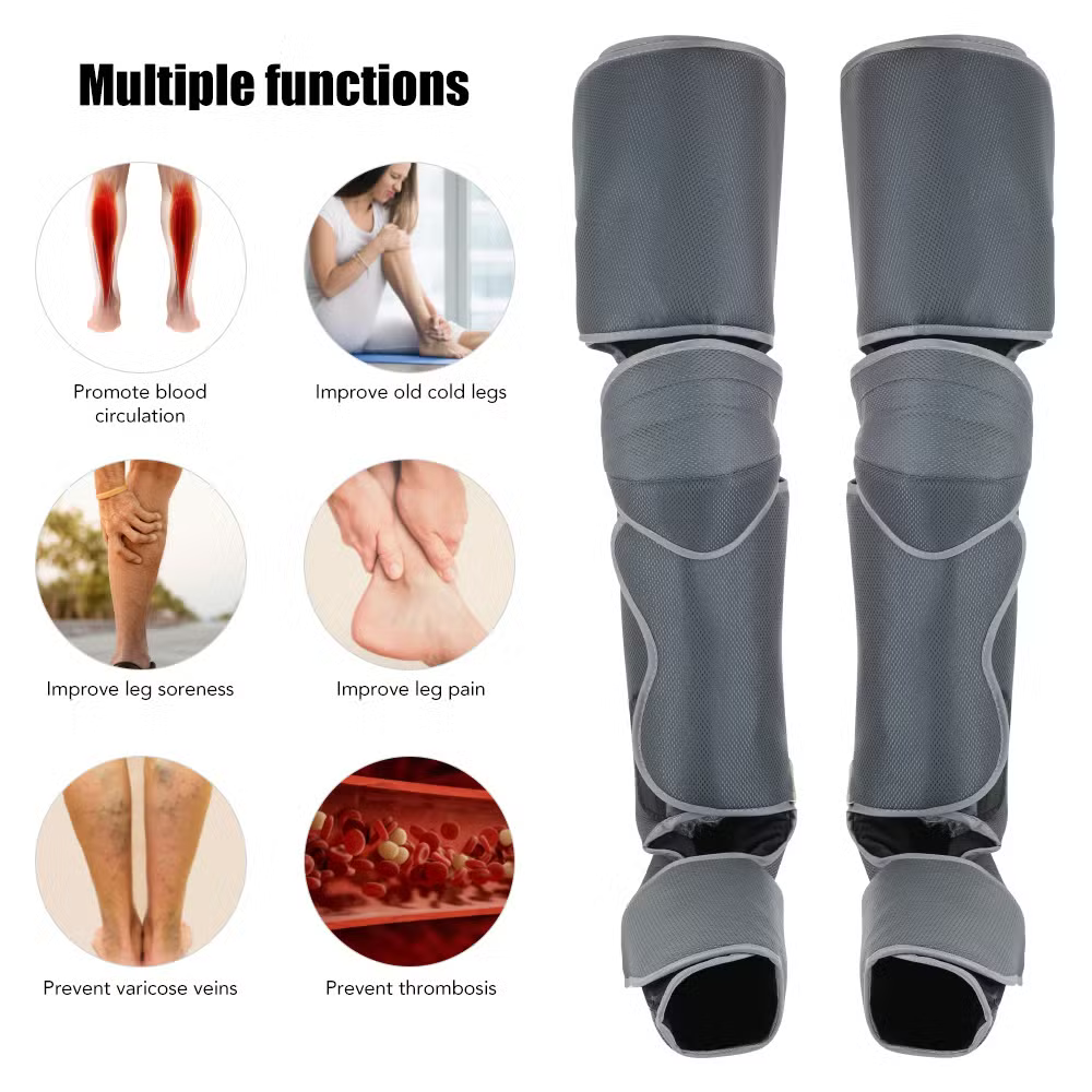Front view of a leg massage machine with full-length compression sleeves for both legs. To the left, icons illustrate key benefits such as pain relief, improved circulation, muscle recovery, and fatigue reduction.