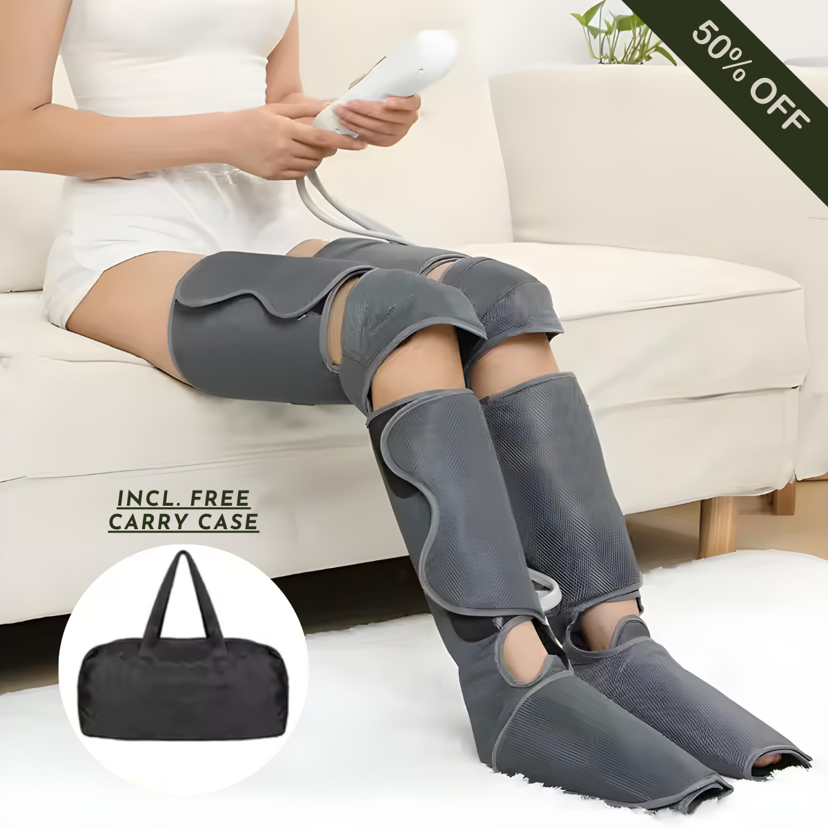  "Person sitting on a couch using a leg massage machine with wraparound compression sleeves on calves and feet. A connected control unit and pump are placed on the floor, showing the device in active use for circulation and muscle relief