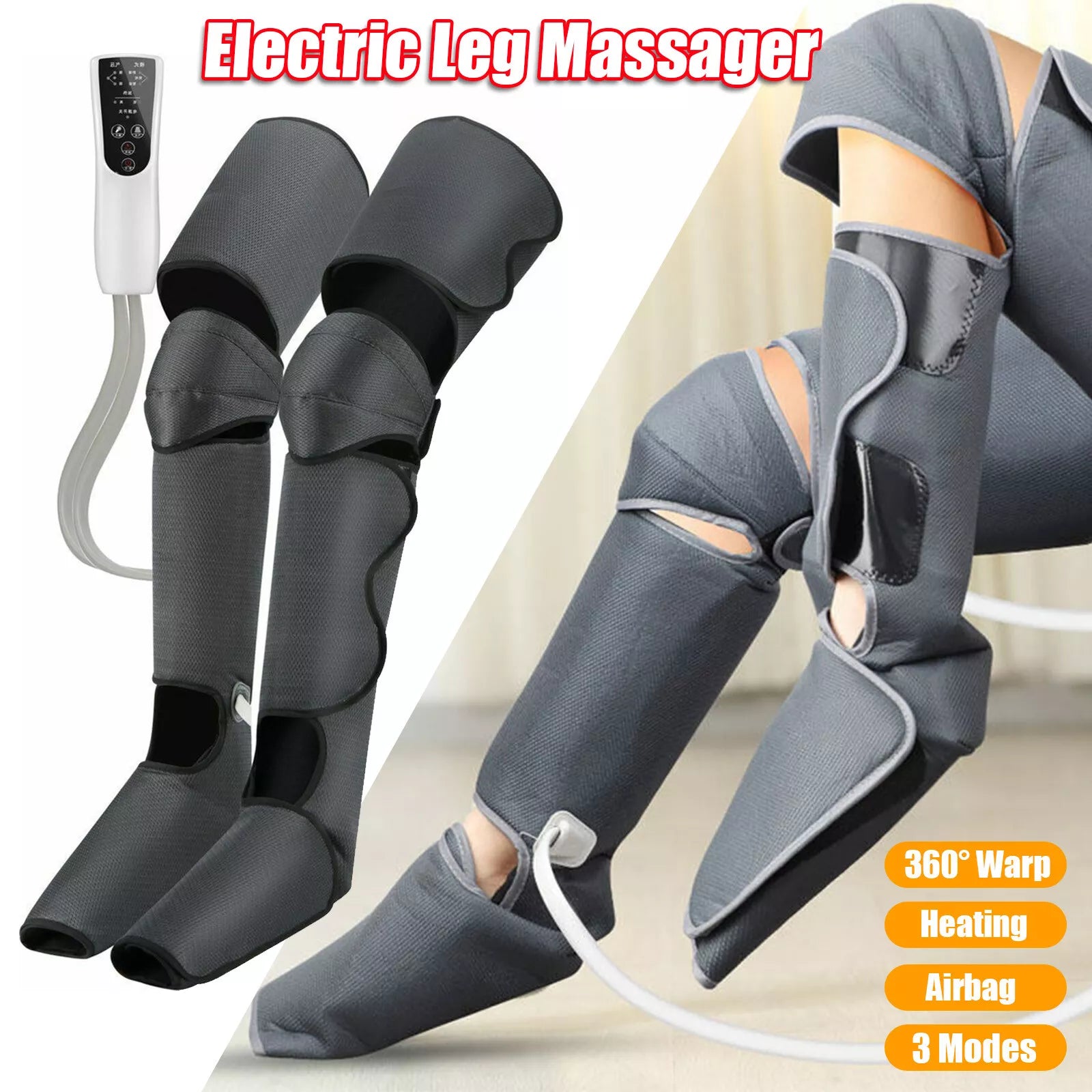 Adjustable leg massage machine with wraparound compression sleeves shown both worn and unworn. Includes handheld controller and text highlighting features like calf, thigh, and foot coverage with customizable intensity levels.