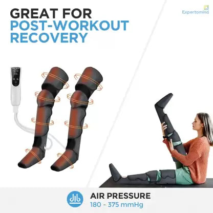  Leg massage machine with air compression sleeves and controller shown next to a woman stretching on the floor. Text reads 'Great for Post-Workout Recovery,' highlighting the device’s use for athletic muscle relief.