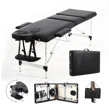 Black portable massage table with adjustable headrest, foldable aluminum legs, and multiple accessories, including a carrying case and additional support attachments for versatile professional use.
