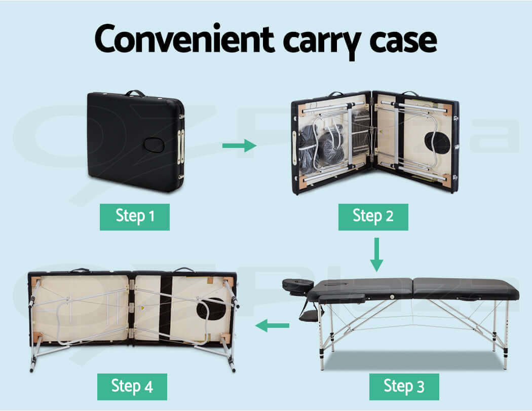 Convenient carry case for massage table with step-by-step folding instructions, showing compact storage and portability for professional mobile therapists.