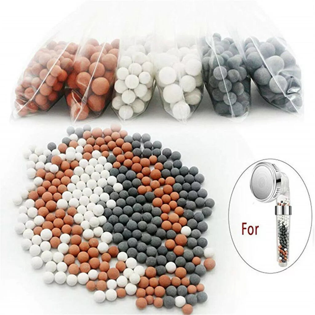 Replacement mineral beads for filtered shower heads including negative ion, ceramic, and far-infrared stones for water purification
