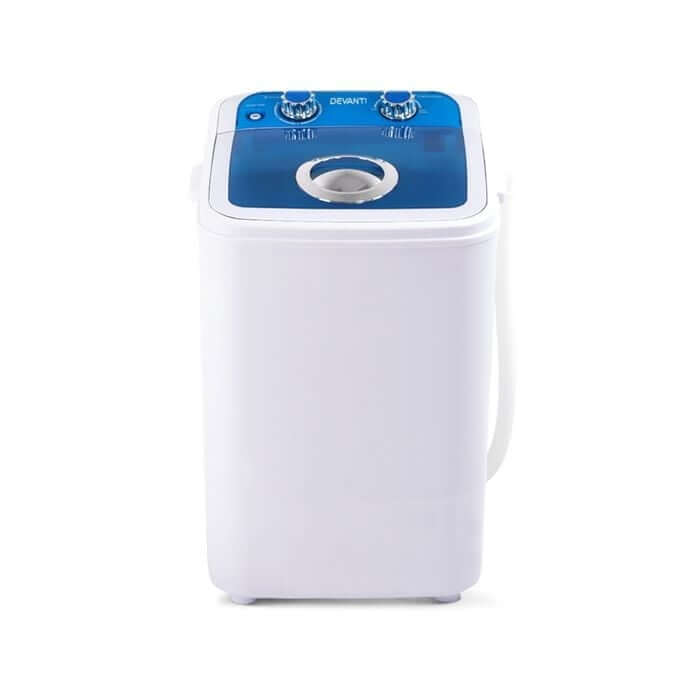 Compact portable washing machine with blue top lid – front view