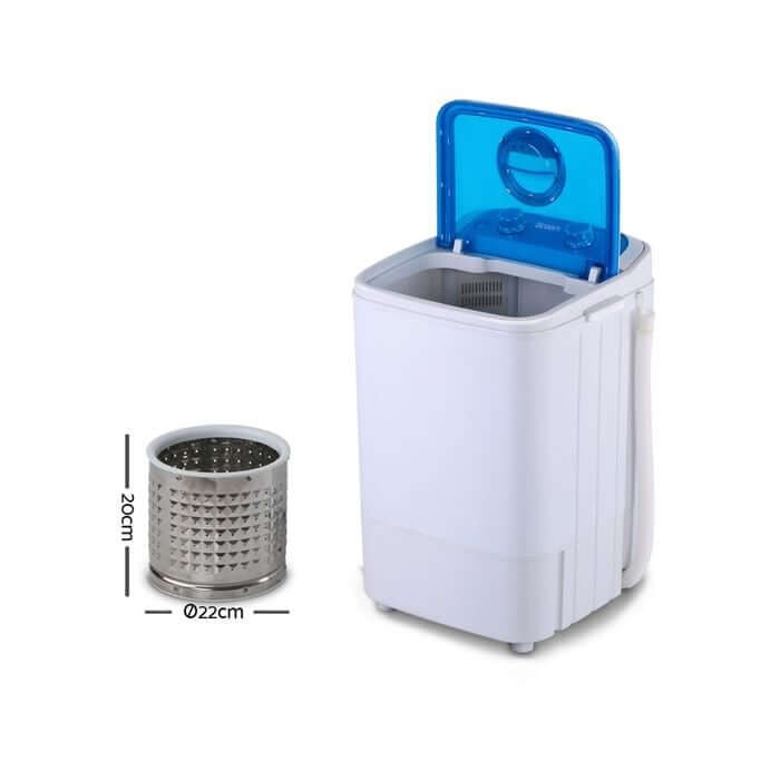 Portable washing machine with removable spin basket and open blue lid