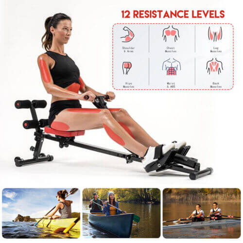 Woman using a rowing machine with a digital display showing workout metrics, highlighting full-body exercise benefits and versatile fitness training for home use
