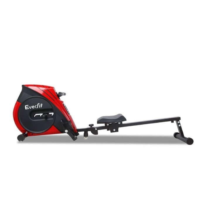 Side view of a red and black rowing machine with a sturdy metal frame and adjustable resistance, perfect for full-body cardio and strength training at home.