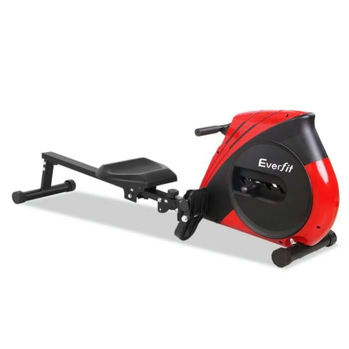 Red and black rowing machine with adjustable resistance and ergonomic seat, designed for effective full-body cardio workouts at home.
