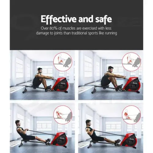 Sequence of images demonstrating proper rowing technique on a rowing machine, emphasizing effective and safe full-body workout movements for maximum fitness benefits.
