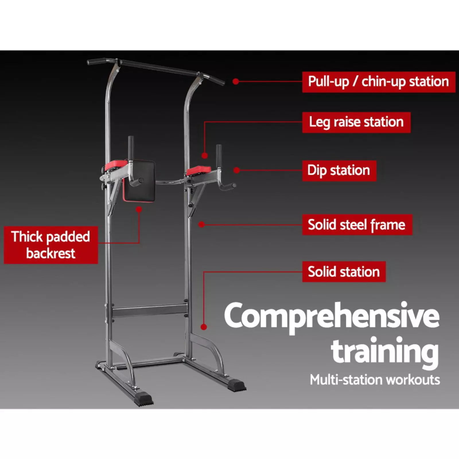 Chin up tower strong steel frame with ergonomic armrests and back support