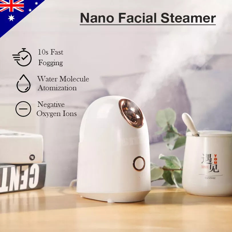 Facial steamer warm mist infographic highlighting benefits like unclogged pores, improved hydration, and clearer skin.