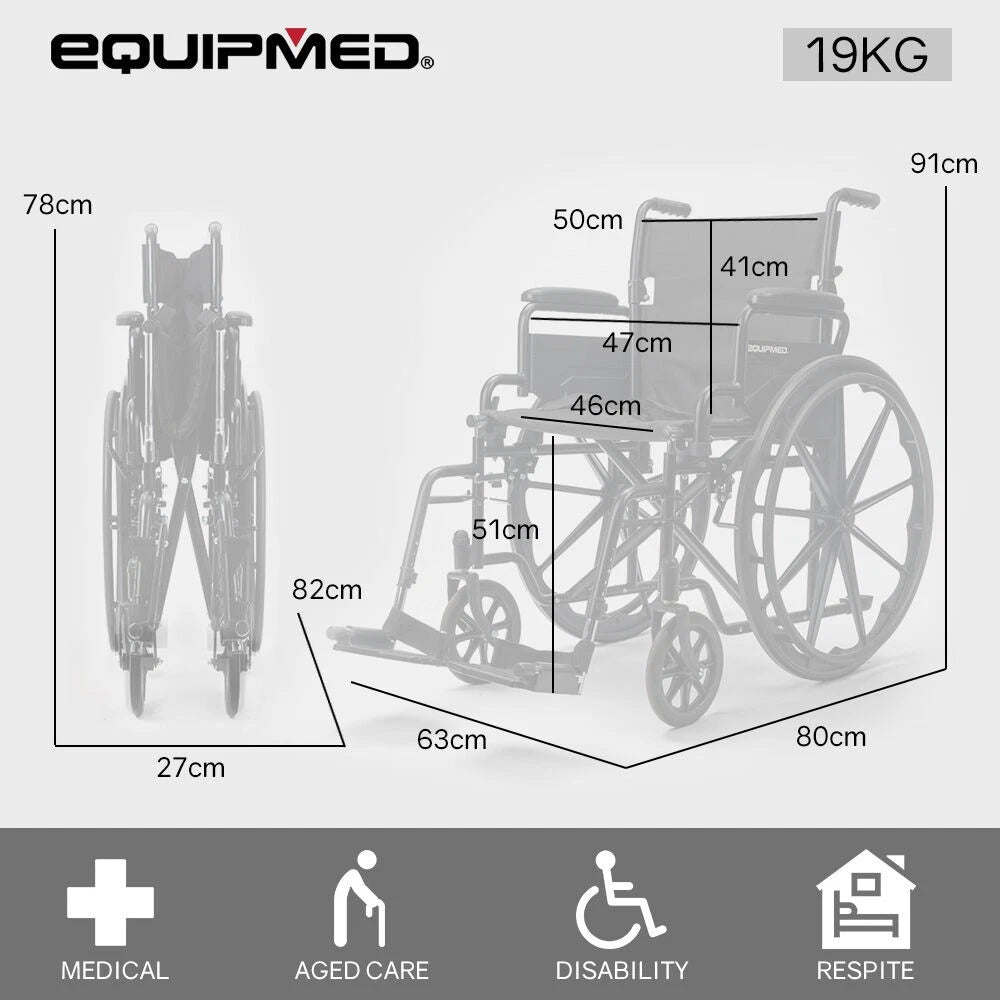 EQUPMED 24" Wheelchair - Folds For Easy Transport, Supports Up To 136kg