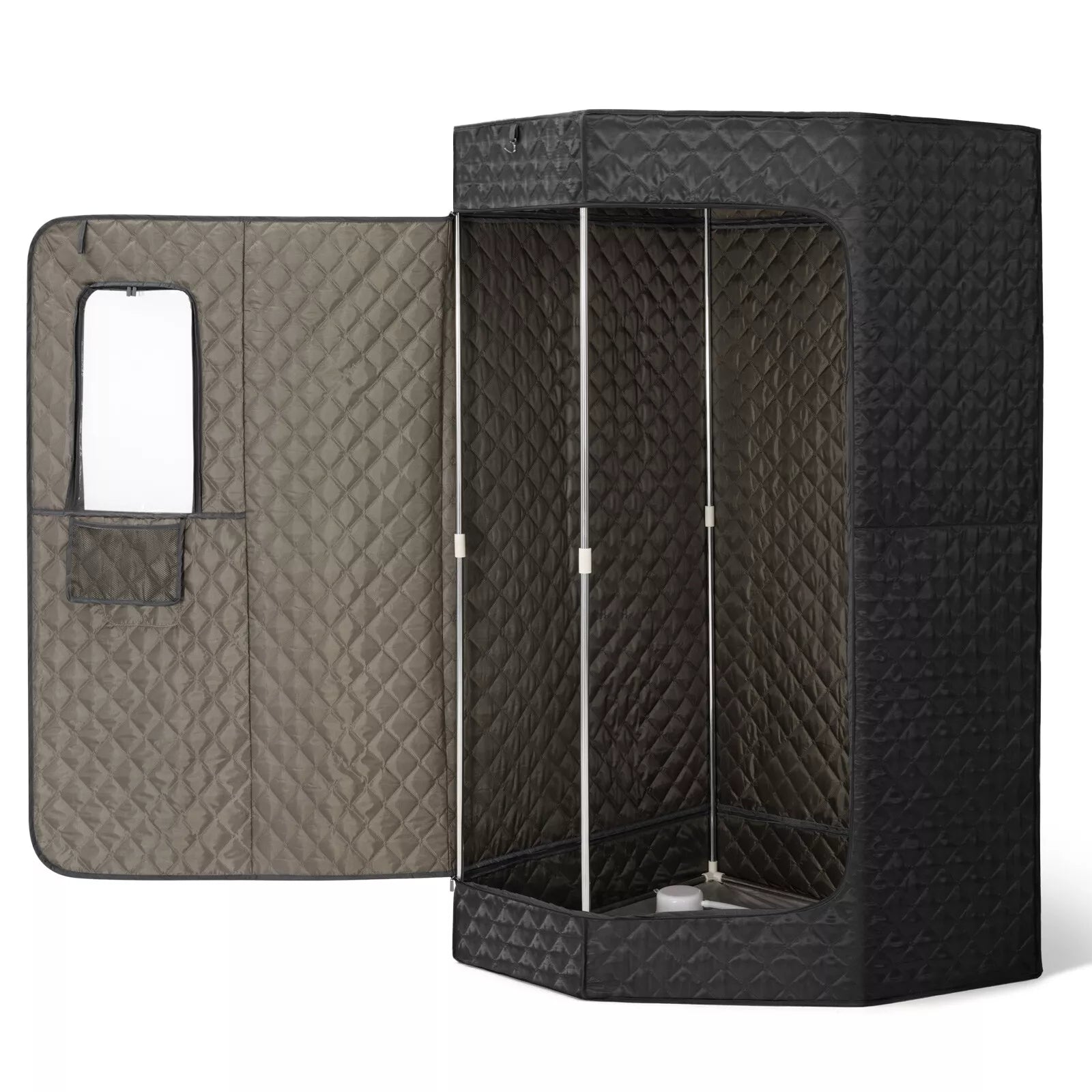 Open view of a black sauna tent showing the interior frame and quilted fabric door with a clear window. The setup highlights the spacious design and structural support for personal steam sessions.