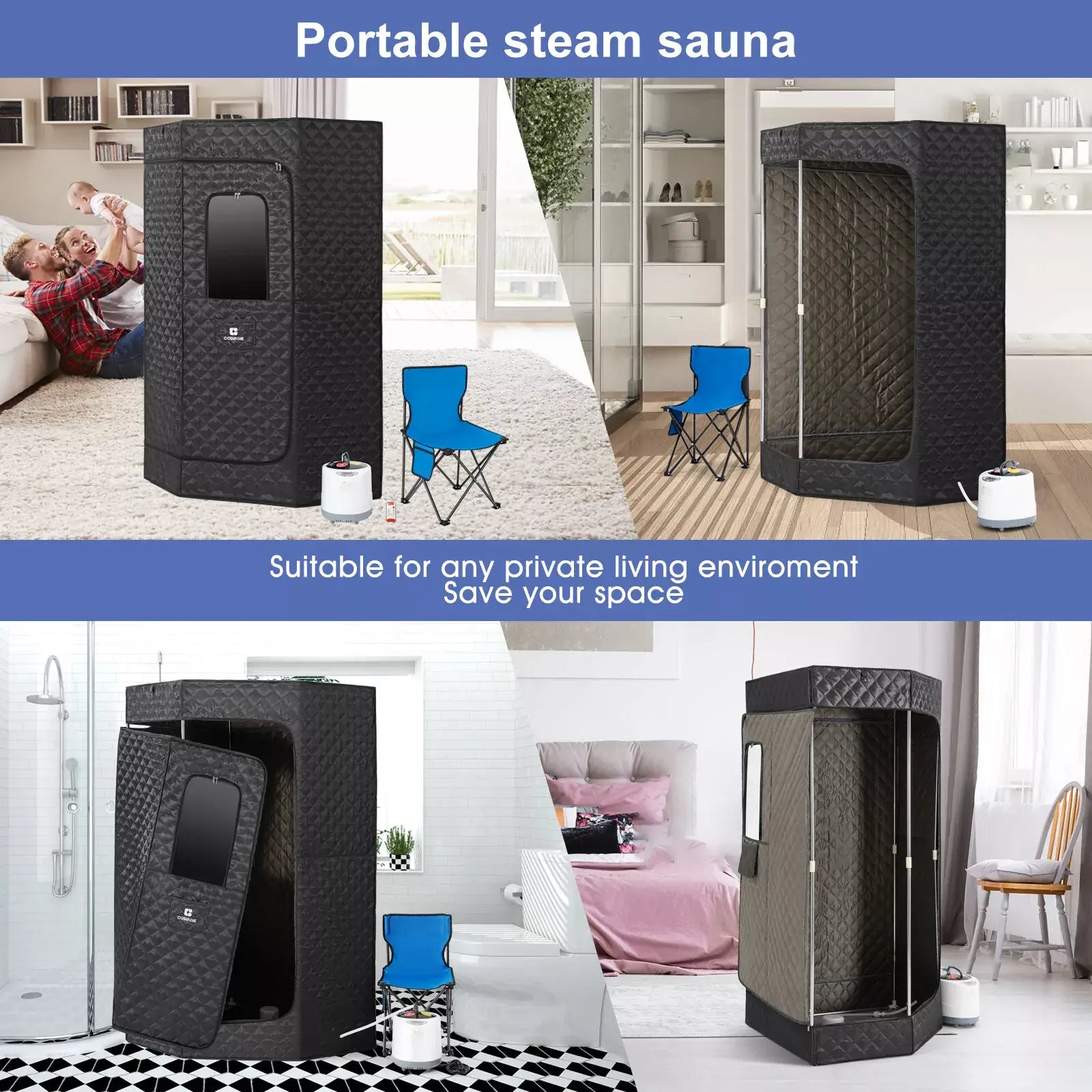 Four images of a portable sauna tent in different home settings, showing various angles of the black tent with a steam generator. Text emphasizes ease of setup, compact design, and suitability for indoor use.