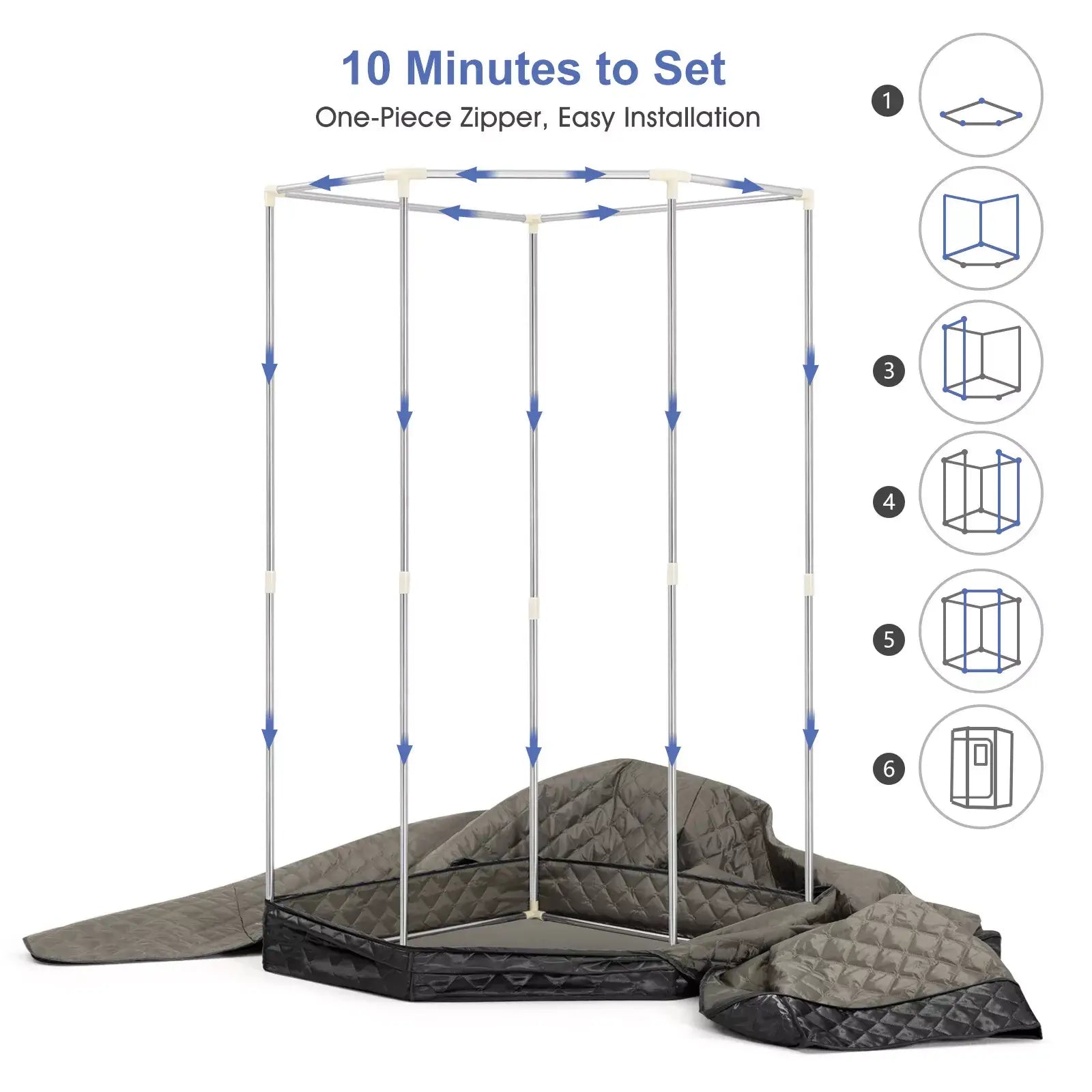 Folded black sauna tent laid flat with labeled dimensions for height and width. A measurement chart on the right highlights five size options, illustrating portability and compact storage for easy home use.