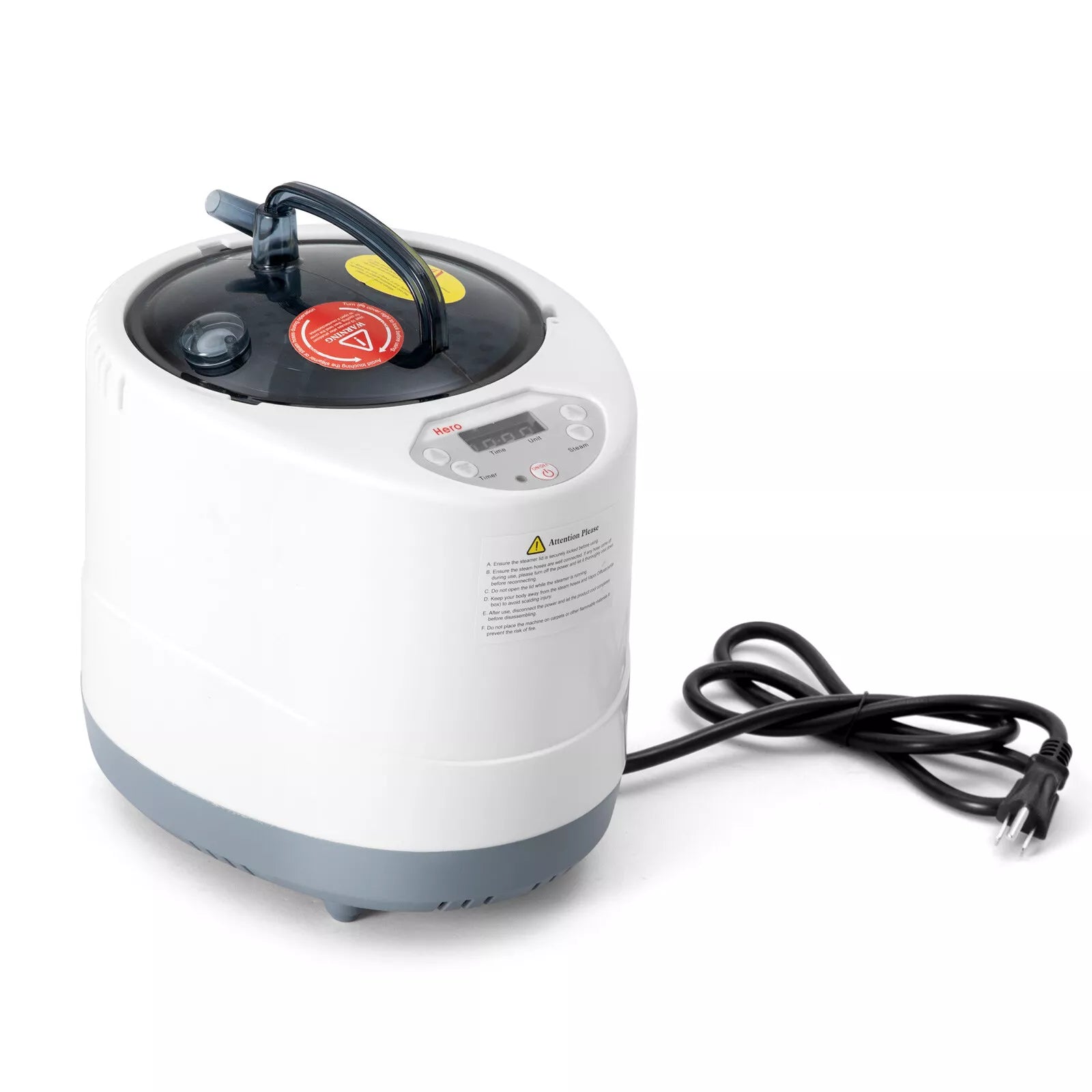 Portable steam generator for a sauna tent, featuring a white cylindrical body, digital control buttons on top, and a power cord. Designed to provide adjustable heat and steam for personal sauna use.