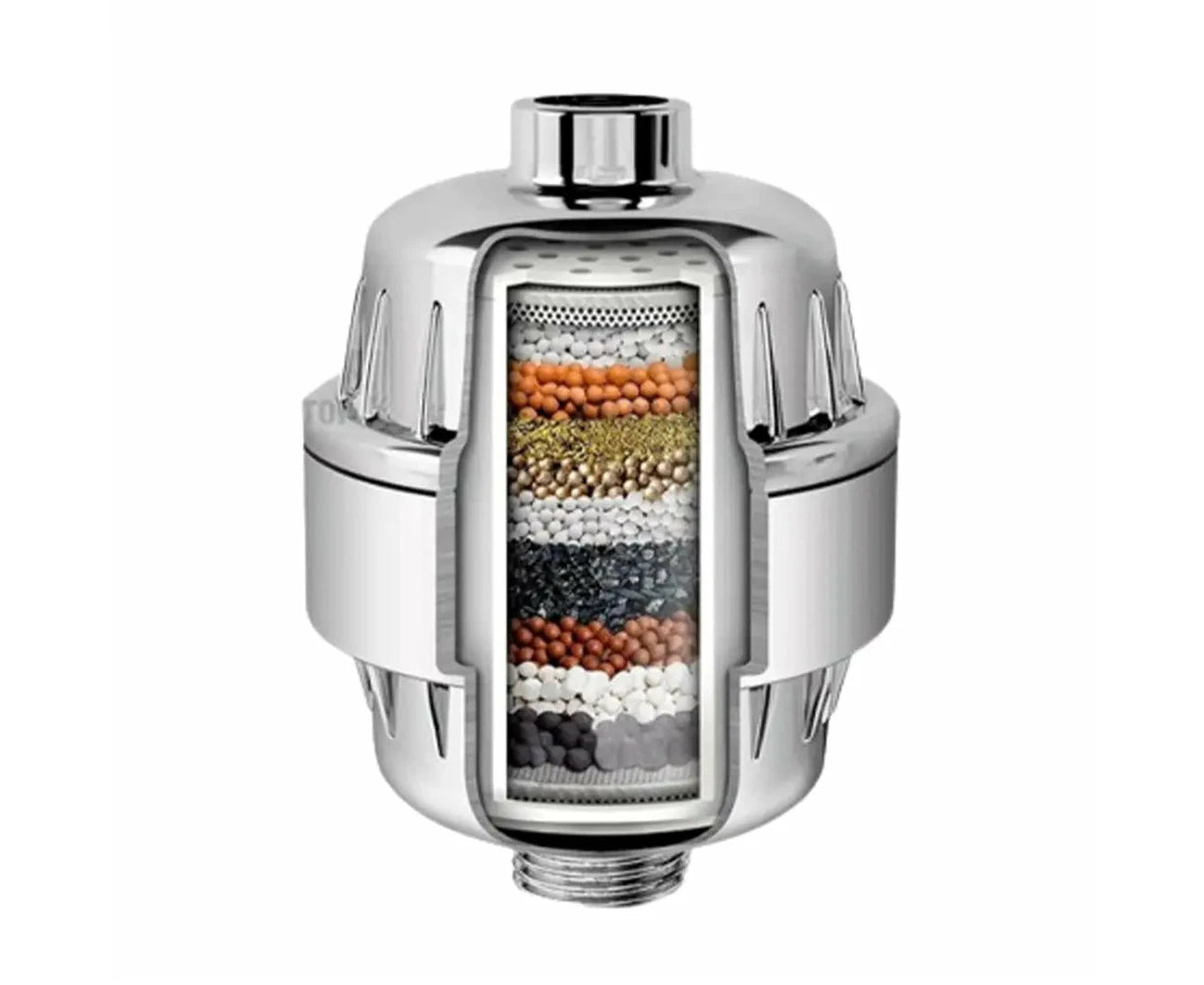 Cross-section view of shower head filter showing multi-layer filtration system for chlorine, heavy metals, and hard water removal