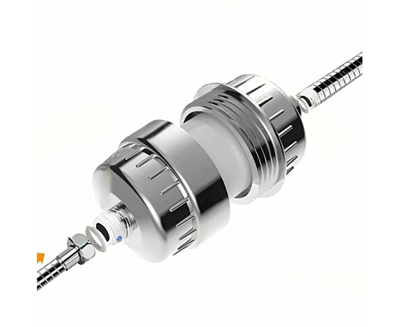 Shower head filter fully installed between water lines, showing inline connection for seamless filtration and easy setup