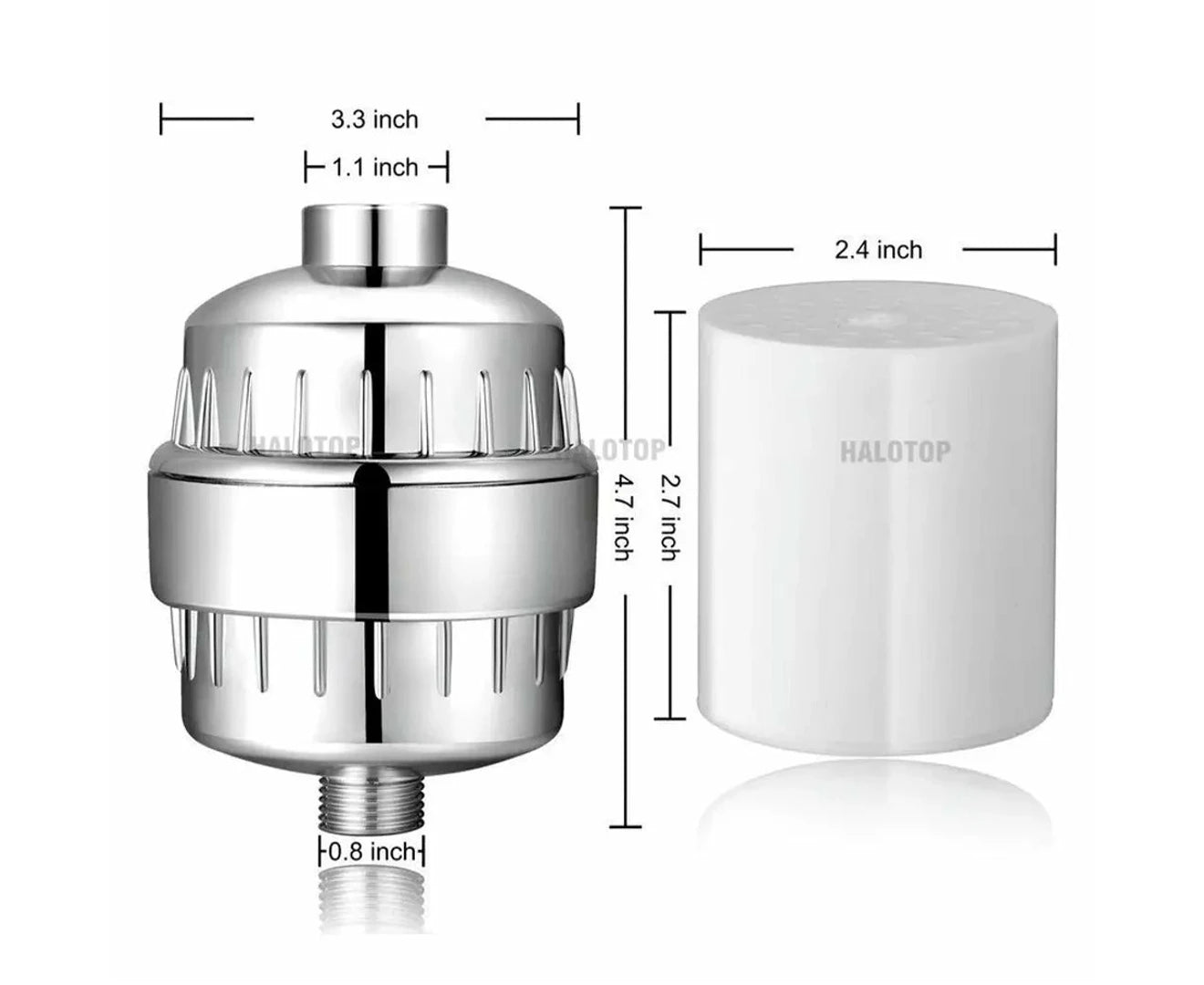 Shower head filter and cartridge with product dimensions for easy installation and replacement compatibility