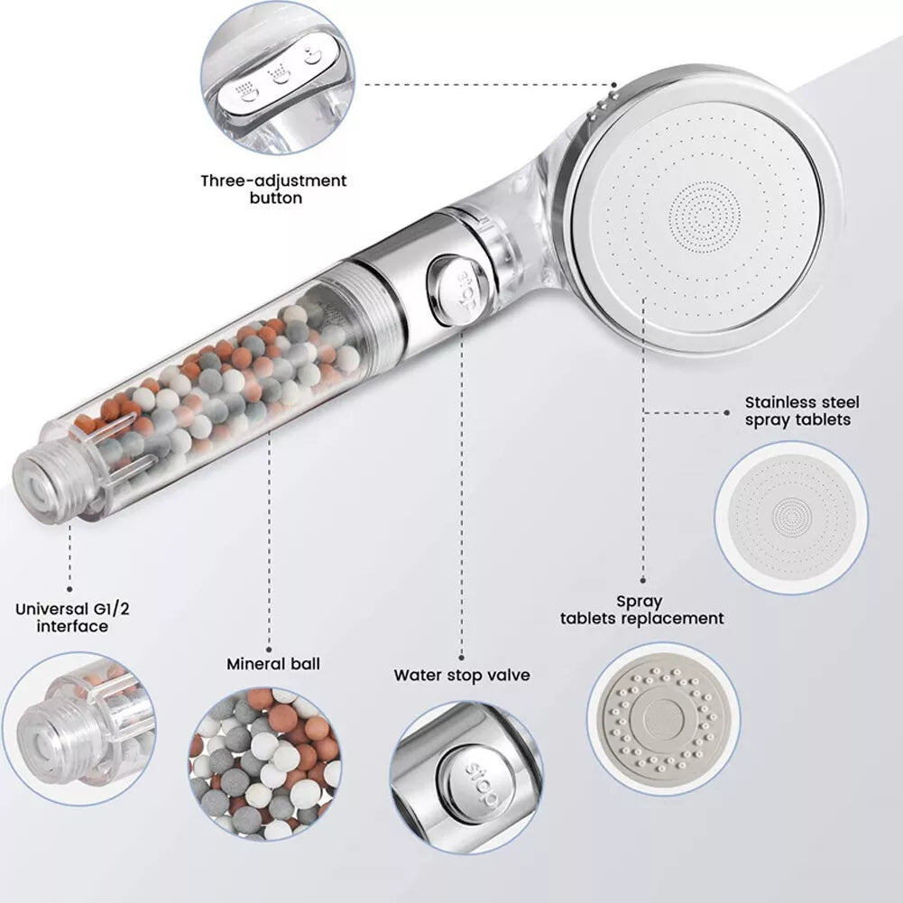 "Exploded view of filtered shower head with mineral beads, stainless steel plate, and multi-layer filtration for clean and pressurized water flow