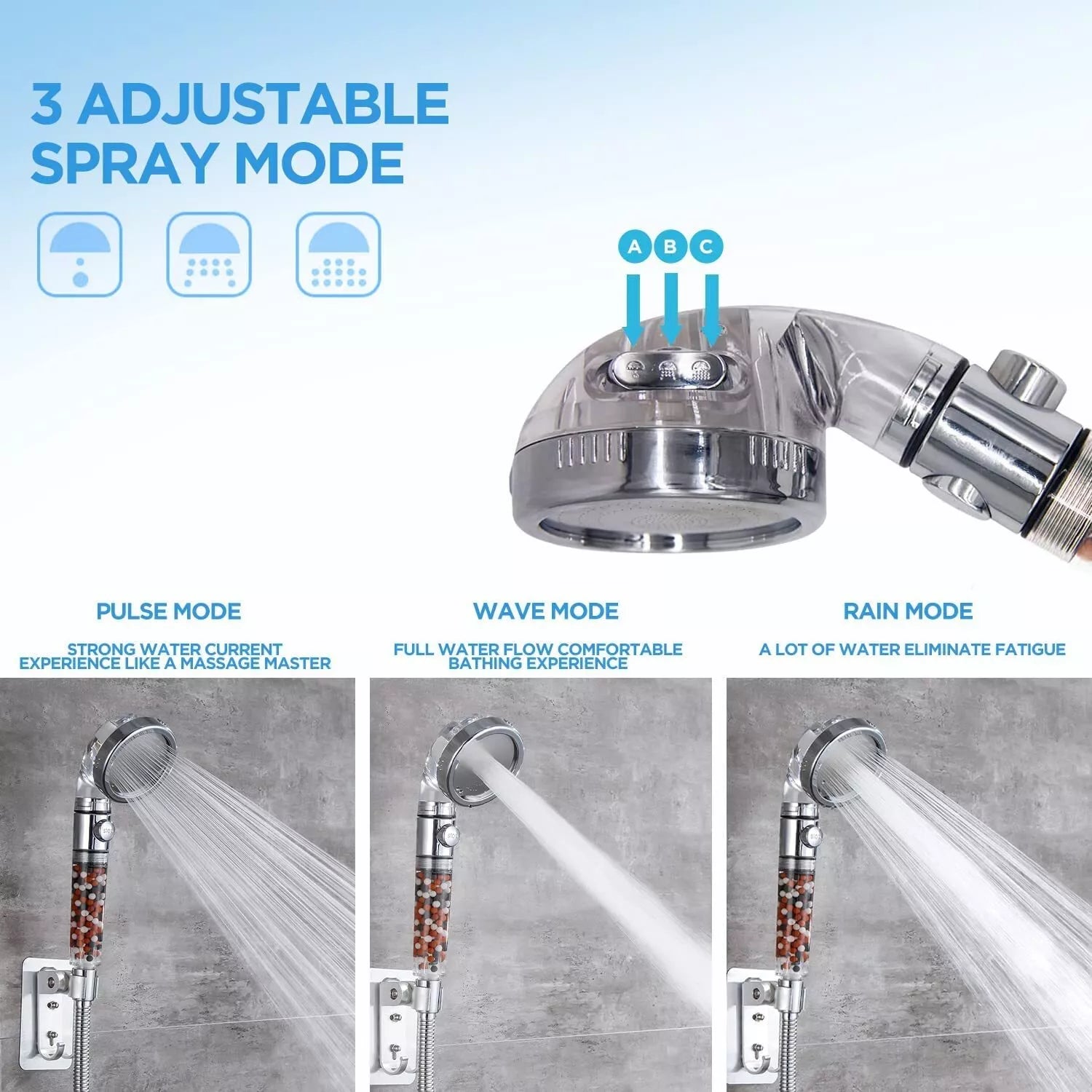 Shower head with 3 adjustable spray modes—rainfall, massage, and jet—for personalized water pressure and spa-like experience